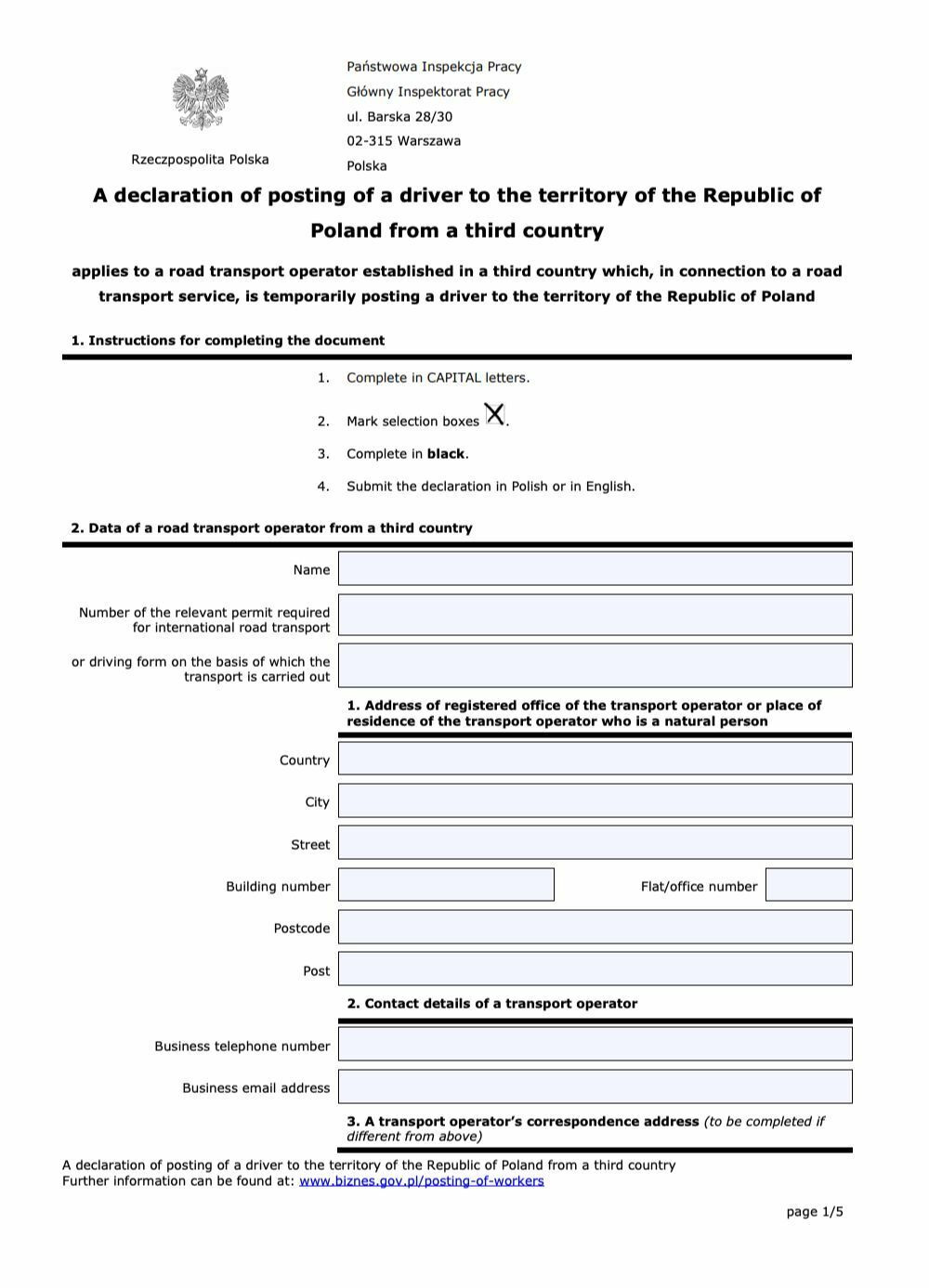 Application form for a driver's business trip to Poland